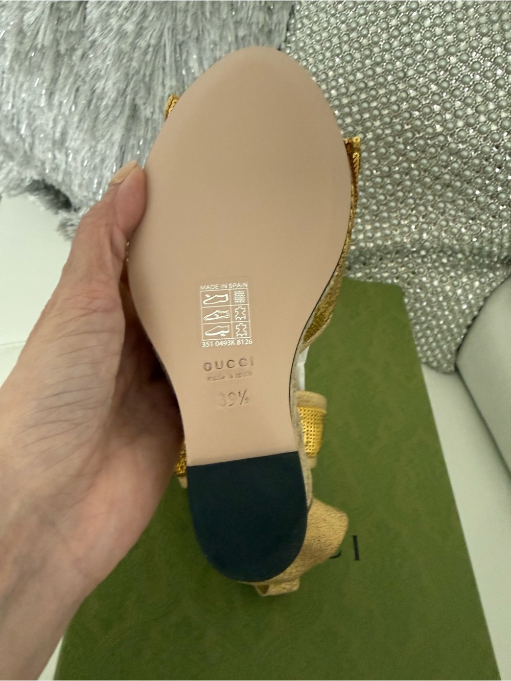 Gucci Gold Sequin Espadrille Wedge Sandals with Ankle Wrap - Picture 8 of 11